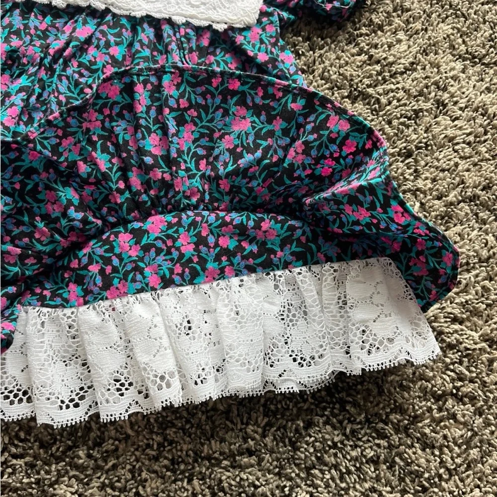 VINTAGE BRYAN Girls Floral Prairie Dress Lace Collar and Ruffle Hem 12 Months